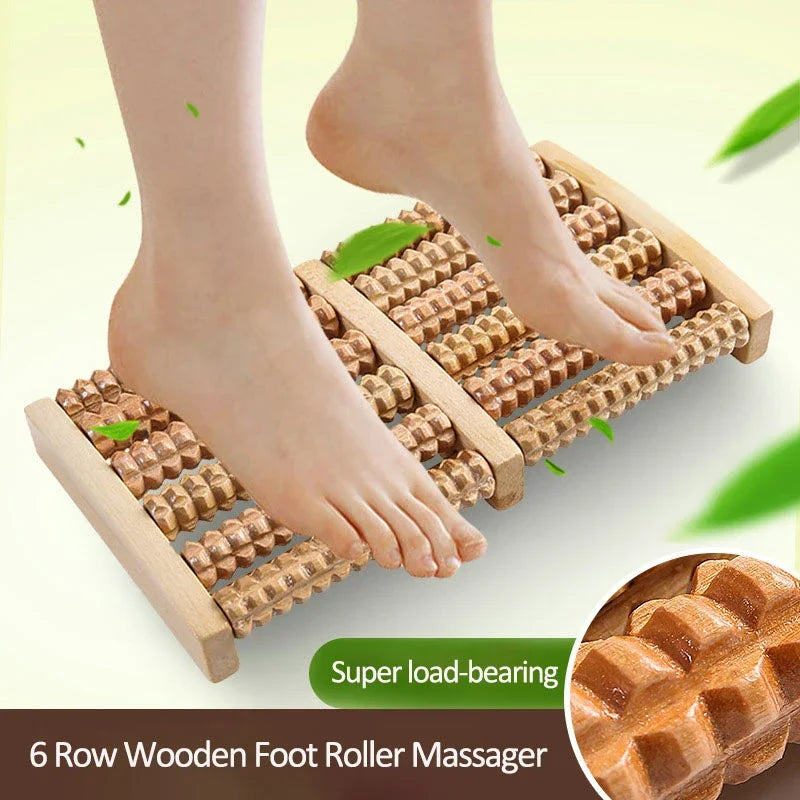 Wooden 6-Row Foot Massager Roller Shiatsu Reflexology Pain Relief and Relaxation