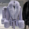 YOLOAgain Women's Genuine Sheepskin Leather Jacket with Real Fox Fur Detachable Collar & Sleeves - Belted Pockets, Autumn/Winter