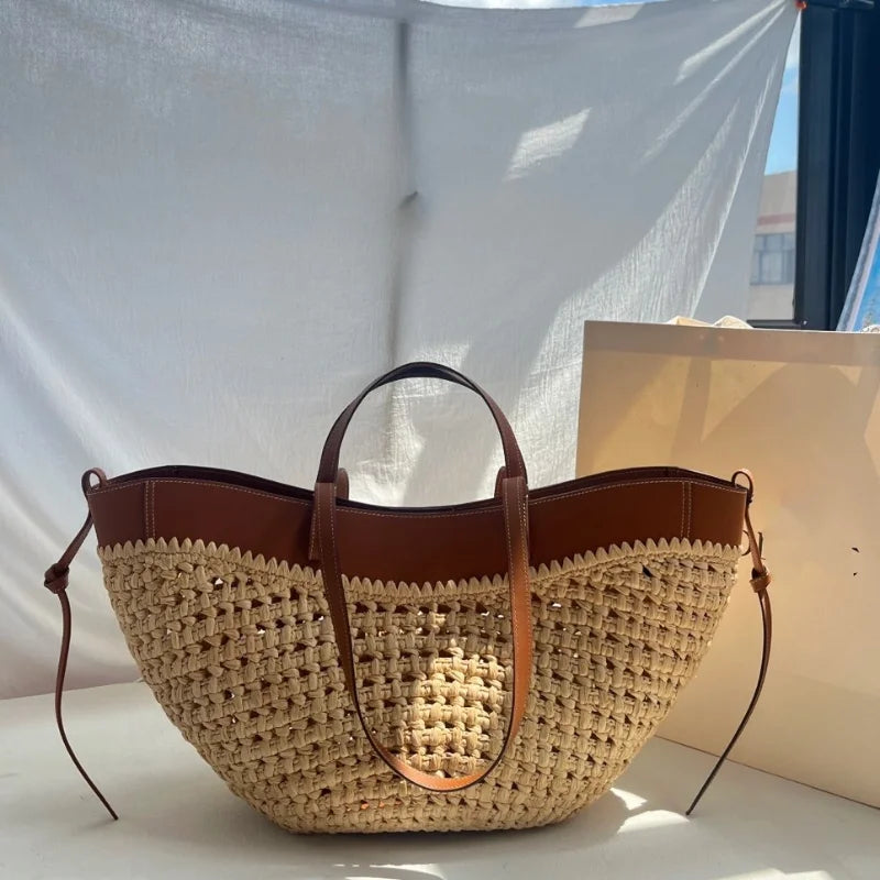 Women 2-in-1 Woven Straw Shoulder Bag – Adjustable Strap Large Capacity Dumpling Beach Bucket Bag
