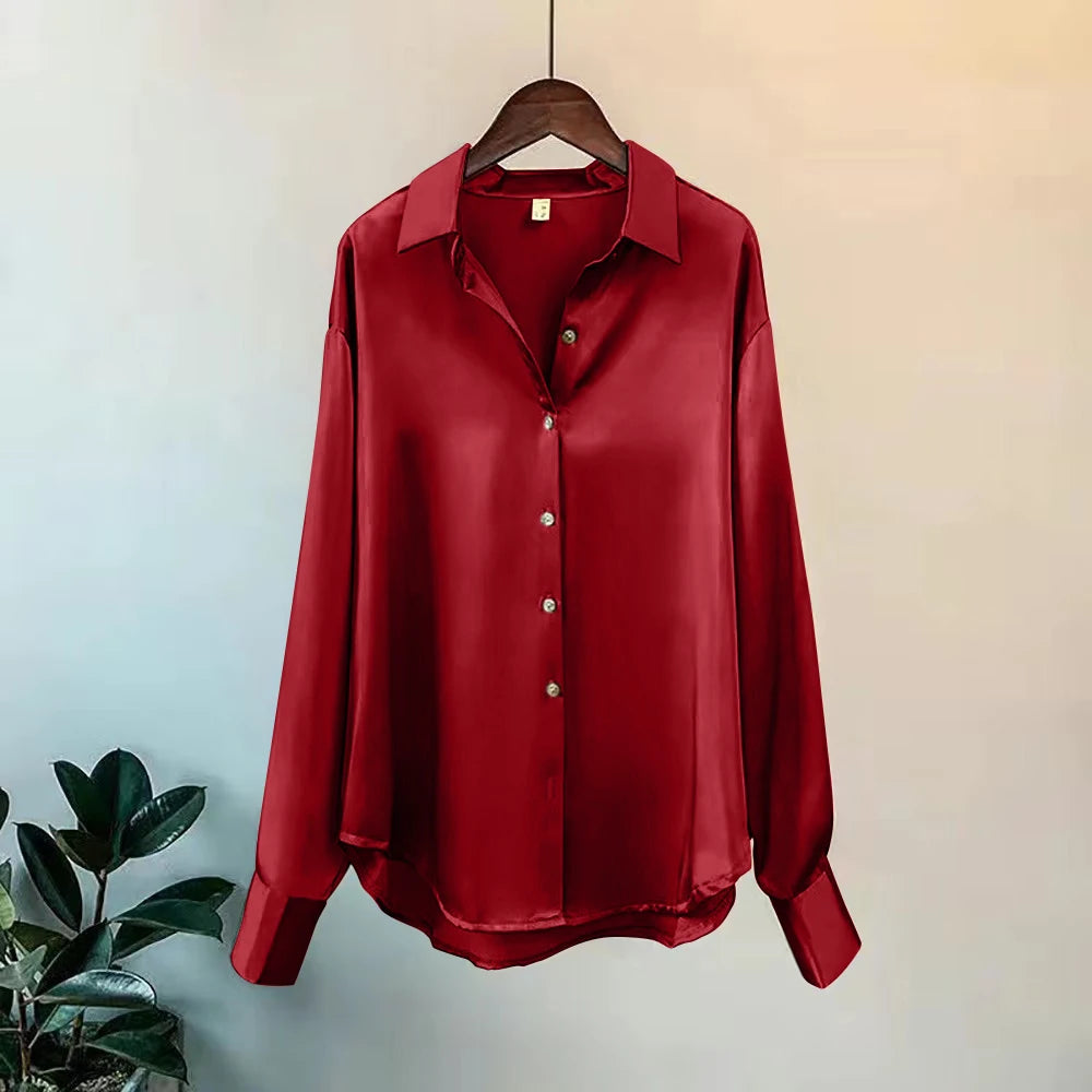 Women's Satin Button-Front Blouse — Korean Long Sleeve Casual Office Top, Slim Fit