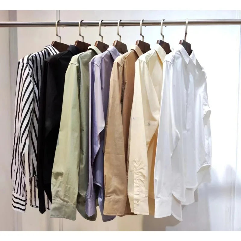 Women's Vertical Striped Shirt - Loose Long-Sleeve Button-Up Blouse with Asymmetric Hem, Office Commuter Style