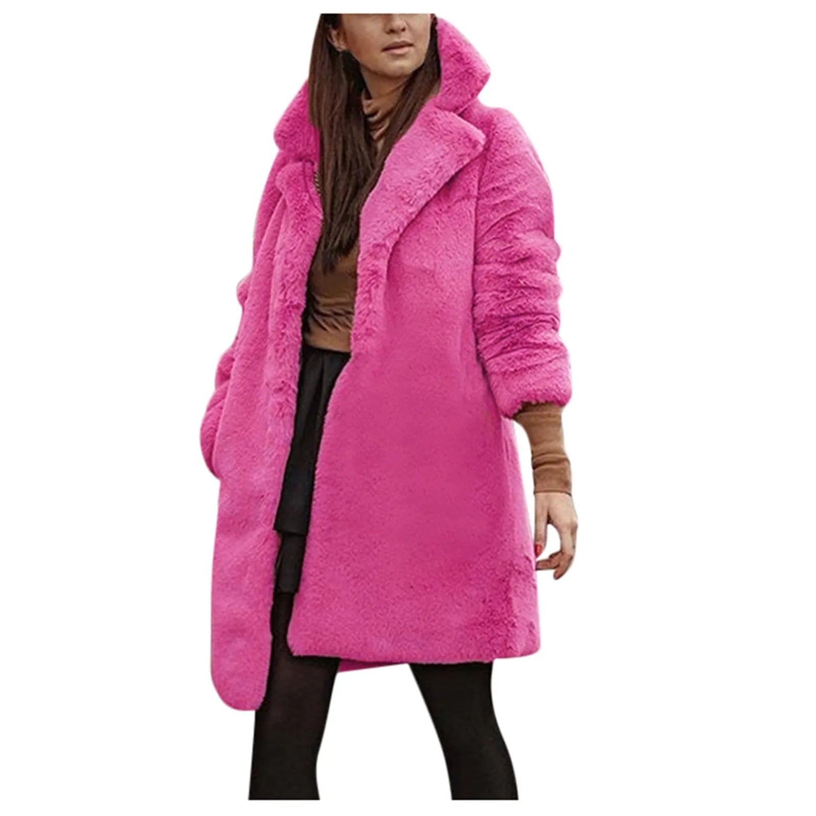 Women's Teddy Faux Fur Coat with Hood – Warm Long Faux Sheepskin Winter Jacket, Single-Breasted Pockets