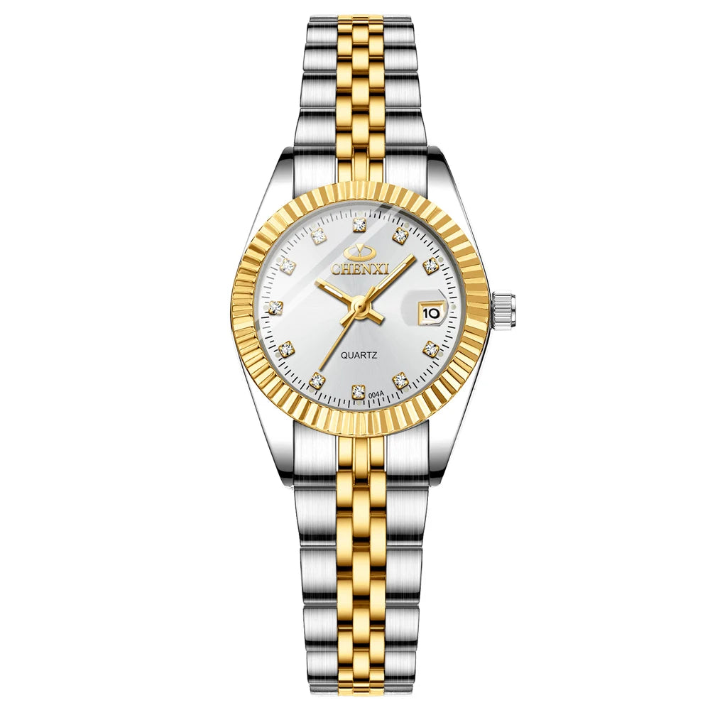 CHENXI Women's Gold Stainless Steel Quartz Watch – Small 26mm (1.02 in) Round Dial Dress Bracelet Wristwatch