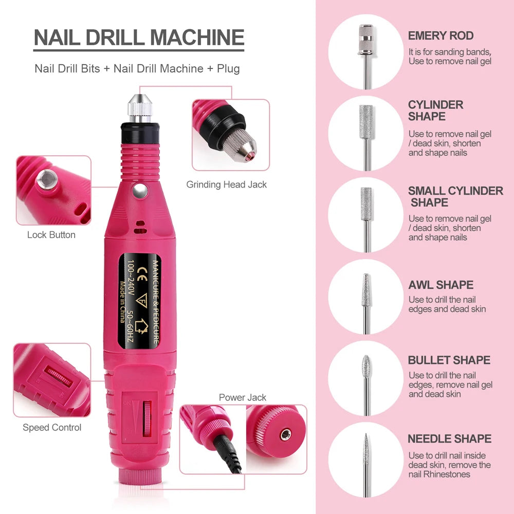 Electric Nail Drill Kit - Portable Professional Manicure & Pedicure Nail Sander, 20,000 RPM, 6 Bits & 6 Sand Bands