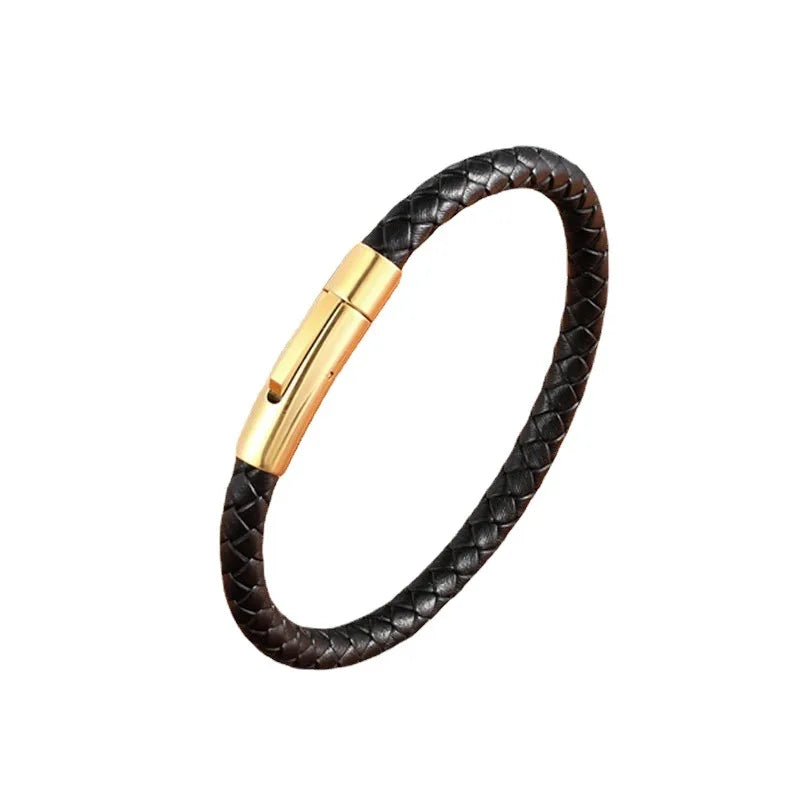Unisex Braided PU Leather Bracelet with Stainless Steel Clasp - Trendy Geometric Bangle Gift for Men & Women