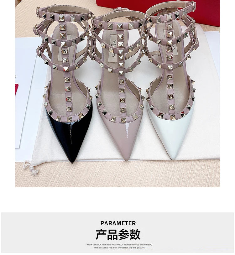 Women's Gladiator High-Heel Sandals - Black Patent Leather 3-Strap Ankle Strap Rivet Designer Heels