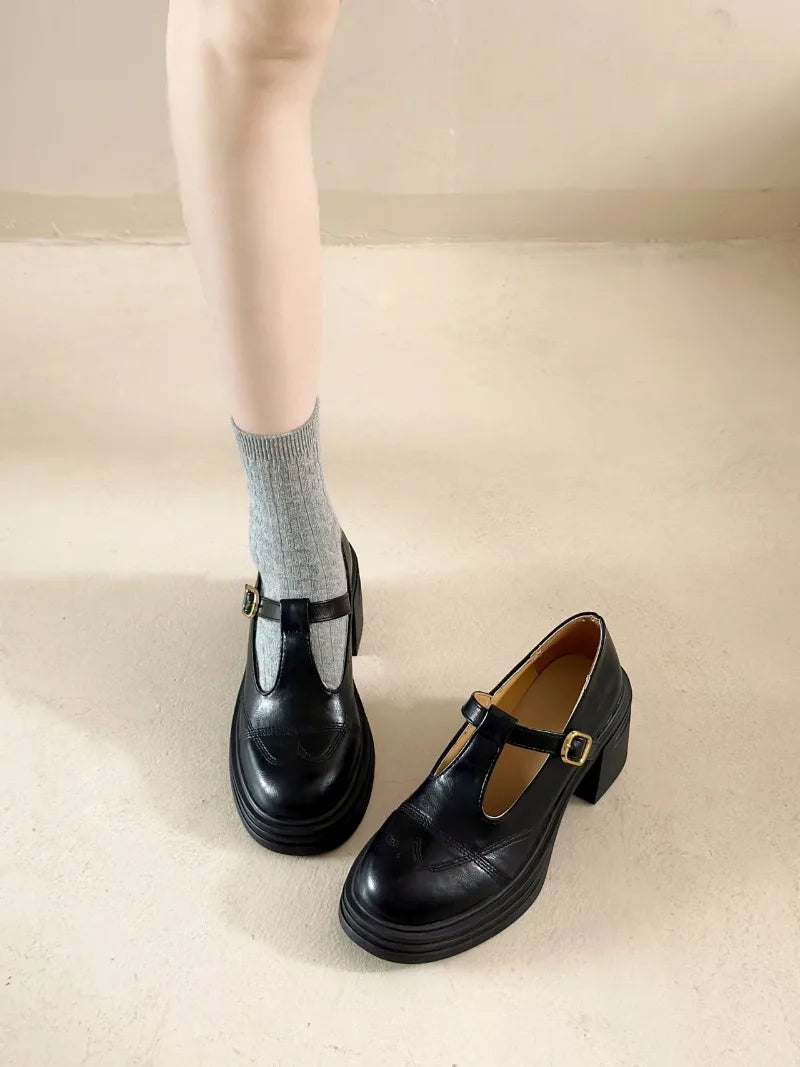 Women's T-Strap Mary Jane Pumps Chunky Square Heel 2–3 in (5–8 cm) Platform PU Round-Toe Buckle