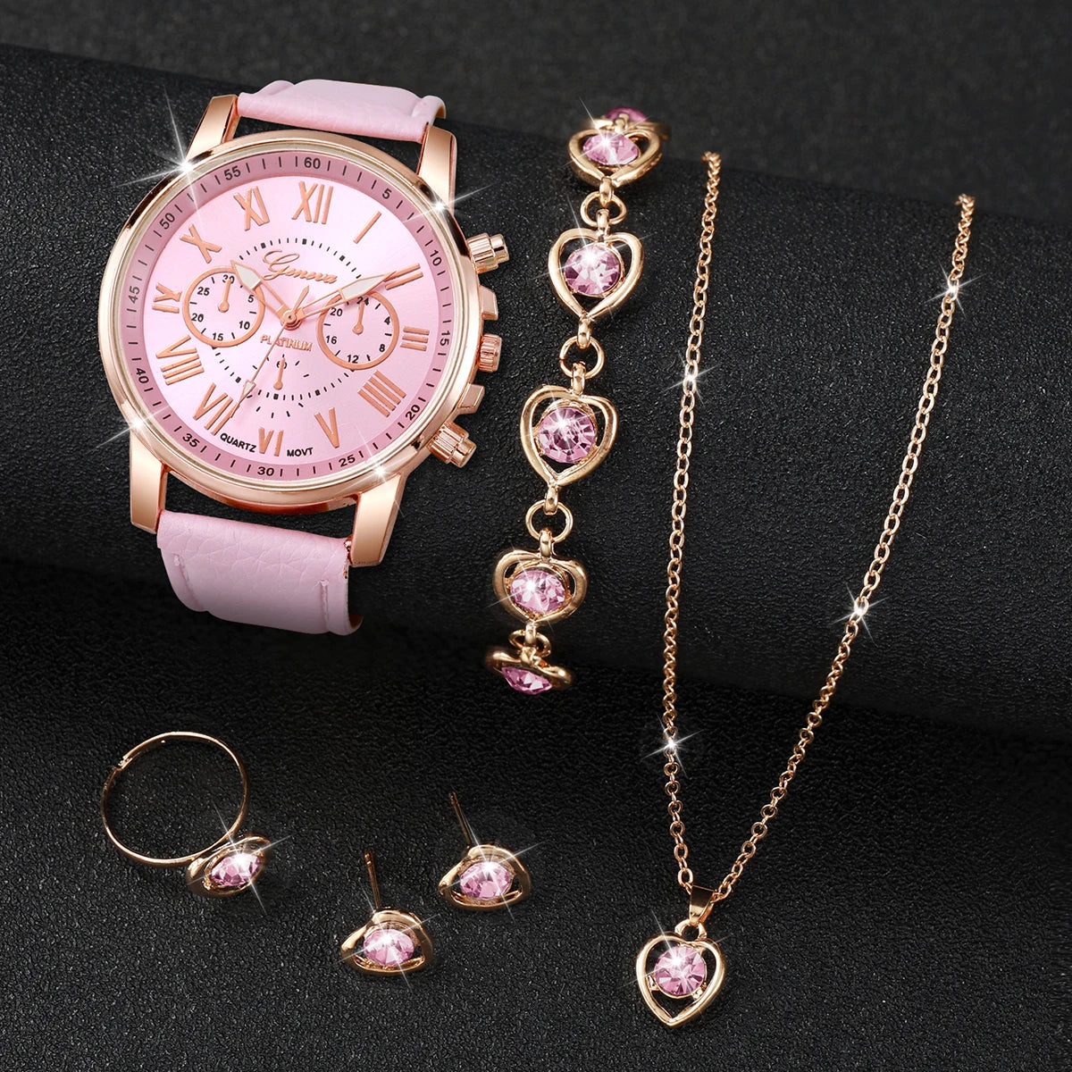 5/6-Piece Women's Quartz Leather Strap Watch Set with Heart Rhinestone Charm - Analog Fashion Wristwatches (Box Not Included)