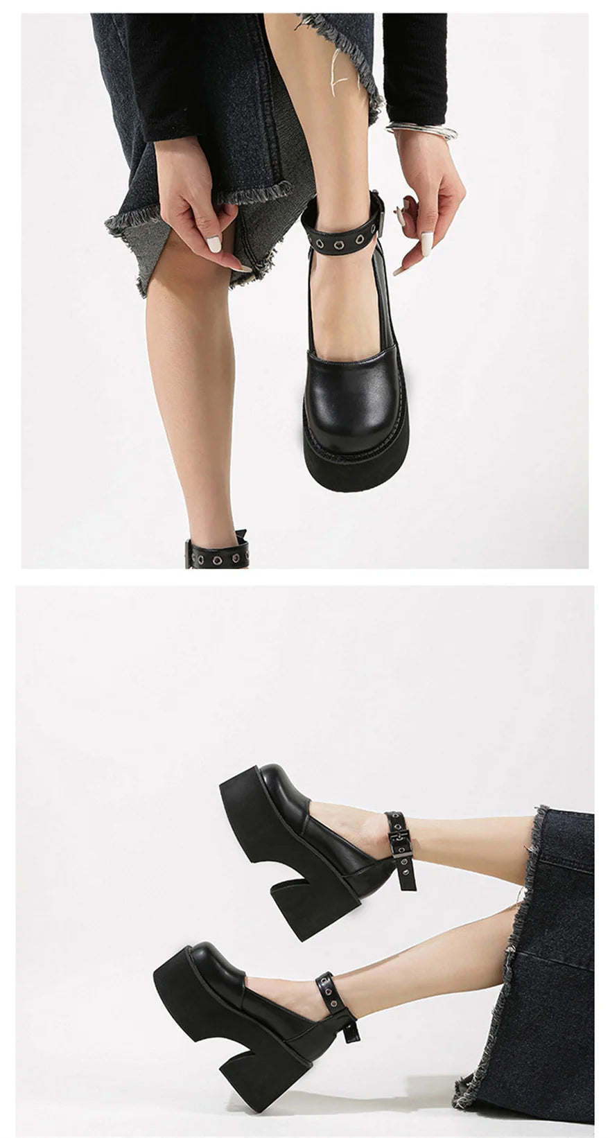 Women's Patent Leather Buckle Loafers – Retro Platform Pumps, 10 cm (3.94 in) Chunky Heel, 4 cm (1.57 in) Platform