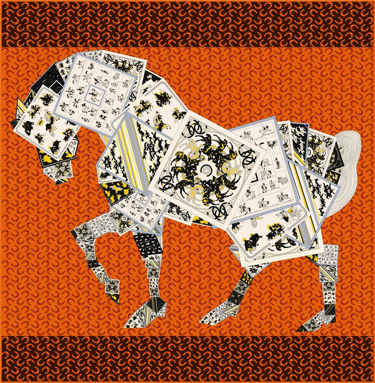 90 x 90 cm (35 in) Checkered Horse Print Twill Silk Square Scarf, Women's Luxury Bandana Shawl Hijab Neckerchief