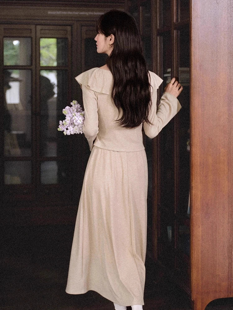 ALXNAN Oatmeal Ruffled V-Neck Knit Midi Dress - Women's Casual A-Line Layered Look