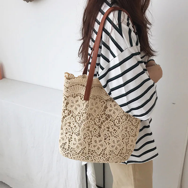 Lace Bucket Shoulder Bag for Women – Korean Straw Tote Beach Handbag, Elegant Summer Shoulder Bag