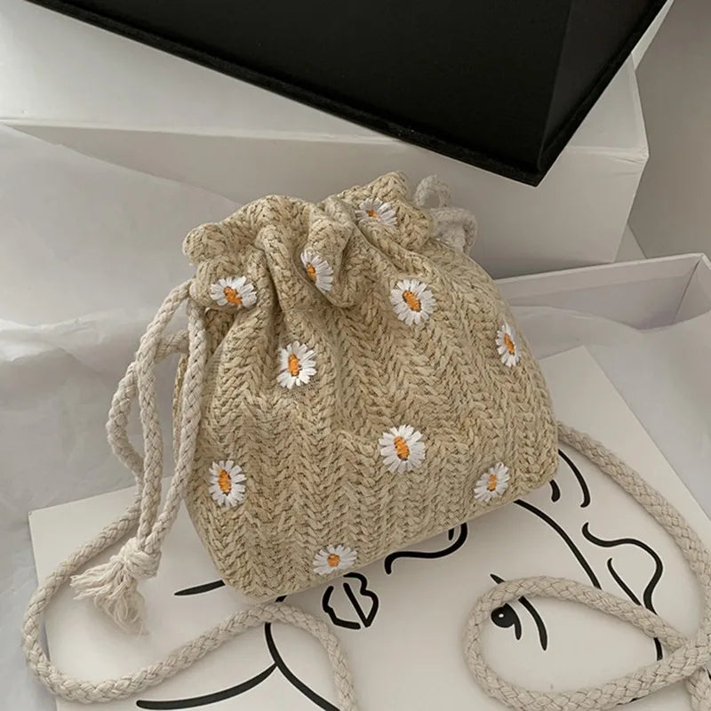 Straw Weave Bucket Bag Rattan Mini Shoulder Tote for Women, Summer Beach Casual Messenger Bag