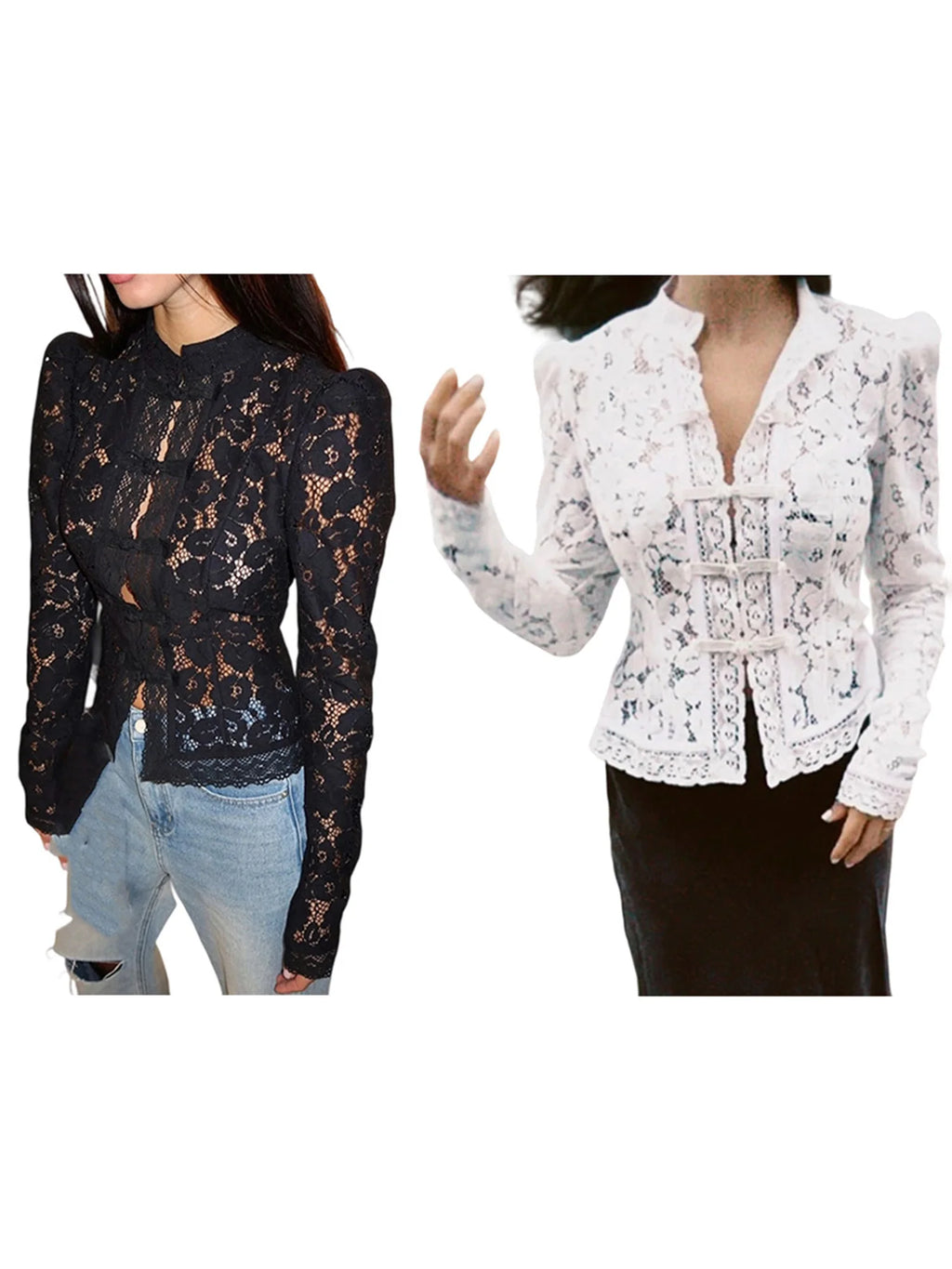 Women's Floral Lace Blouse - Long Sleeve Button-Up Sheer Top for Work & Date Night