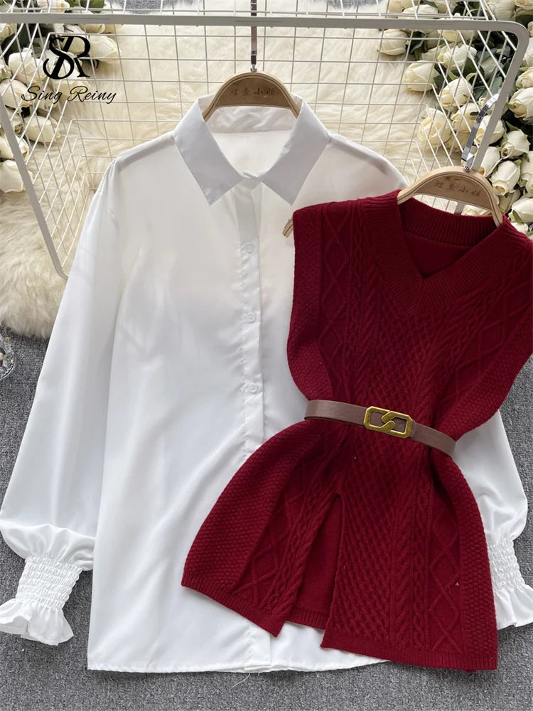 Women’s Office Knit Vest + Lantern Sleeve Blouse Set — Warm Thick Pullover Suit