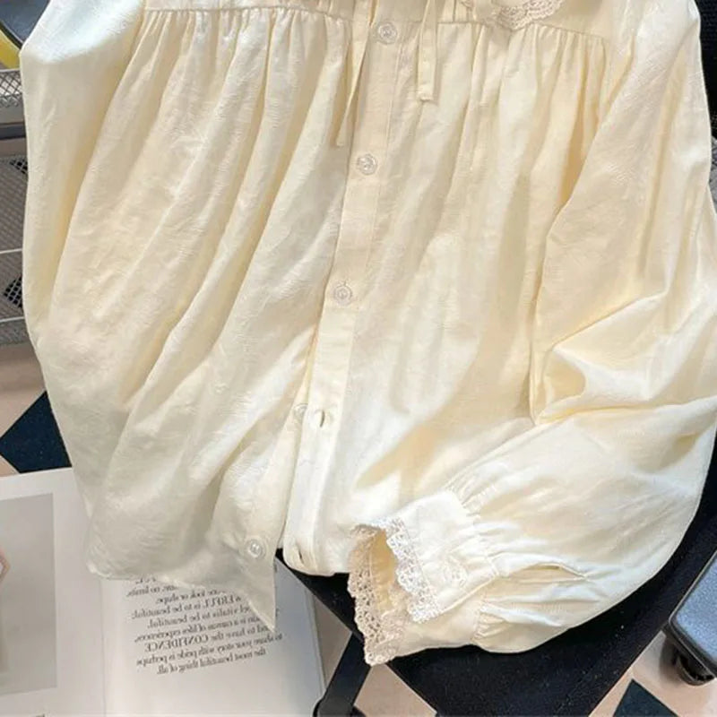 Apricot Lace Floral Peter Pan Collar Blouse Loose Long Sleeve Casual Shirt for Women