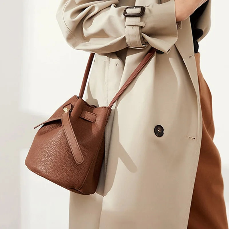 Women's Litchi Grain PU Leather Bucket Bag with Lock Cylinder – Small Crossbody Shoulder Phone Bag