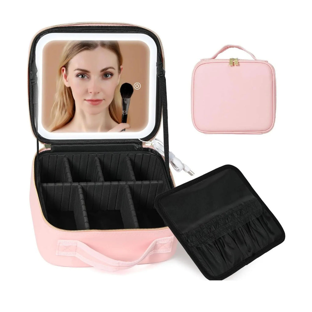 Travel Makeup Train Case with LED Lighted Mirror & Adjustable Dividers — Large Cosmetic Organizer