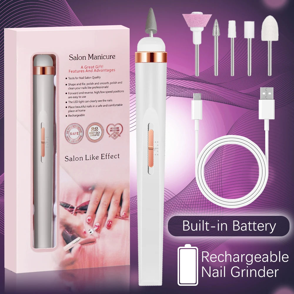5-in-1 USB Rechargeable Electric Nail Drill Manicure Set - Portable Professional Nail File & Polisher for Gel, Acrylic & Salon Use
