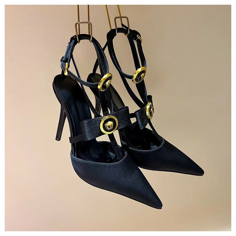 Bow Tie Pointed Toe Thin Heel Sandals for Women, Roman Straight Strap, 2.0-3.1 in (5-8 cm) Heel