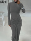 Women's Shirred High-Collar Ankle-Length Maxi Dress — Long Sleeve Body-Shaping Sheath