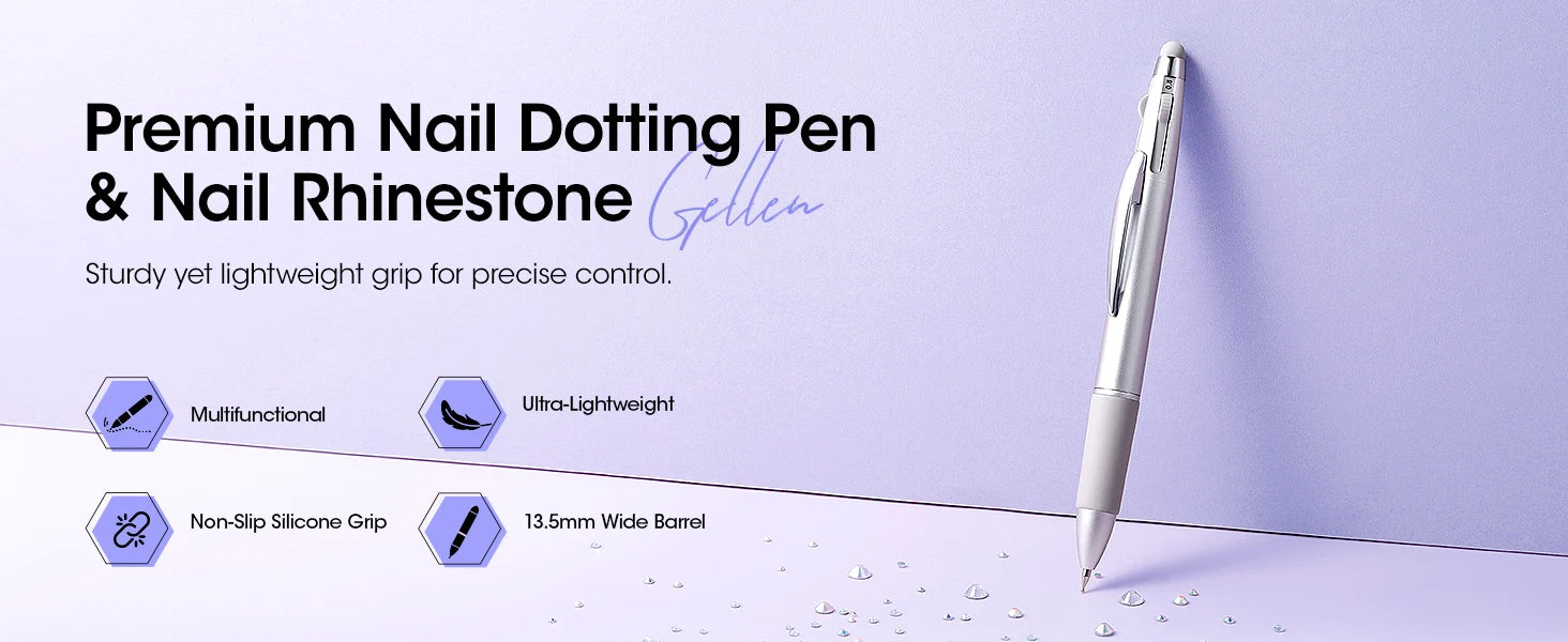 5-in-1 Double-Ended Nail Dotting Pen – 4 Stainless Steel Tips (0.8/1.0/1.6/2.0 mm) + Silicone Head for Chrome, Gradient & Rhinestones
