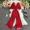 V-Neck Dolman Sleeve Polka Dot High-Waist Wide-Leg Jumpsuit for Women