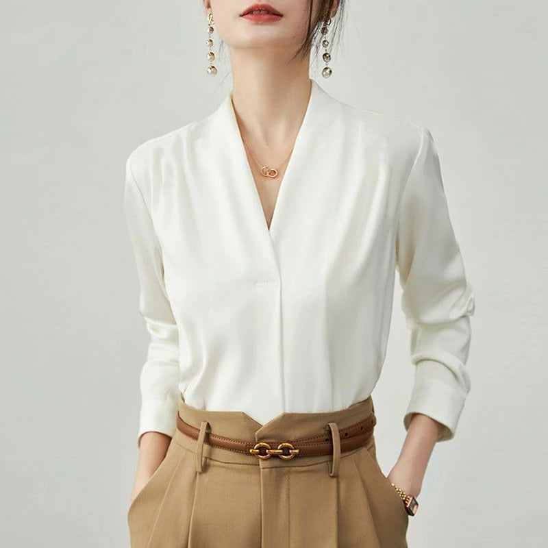 Korean Solid V-Neck Chiffon Blouse — Elegant Long Sleeve Loose-Fit Women's Commuter Shirt