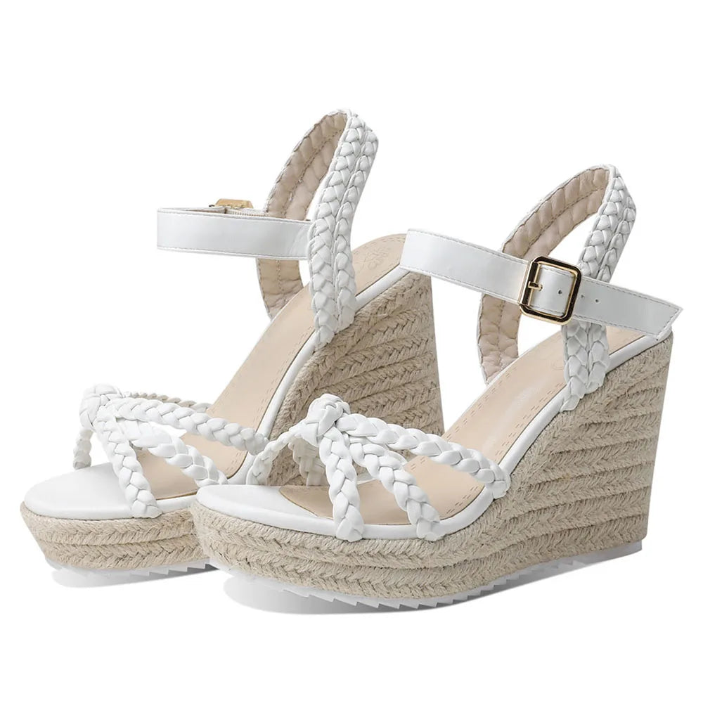 GIGIFOX Straw Woven Wedge Sandals for Women High Platform Buckle Strap Round Toe Boho