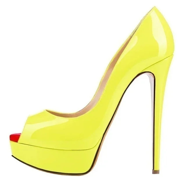 Women Platform Peep Toe Pumps 14cm (5.5 in) Thin Stiletto Patent Leather Party & Wedding Heels