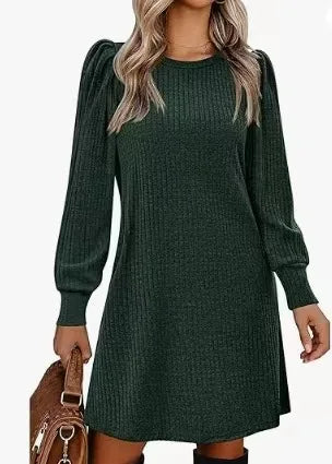 Women's Knit Puff Sleeve A-Line Dress with Pockets, Long Sleeve O-Neck Knee-Length Casual