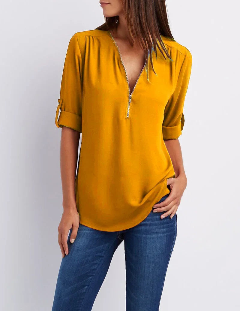 Women's Loose V-Neck Chiffon Blouse with Zipper Pullover — Casual Plus Size