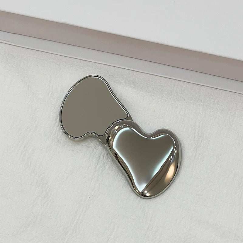 Heart Shaped Portable Makeup Mirror - Compact Rotating Handheld Metal Cosmetic Mirror for Girls & Students