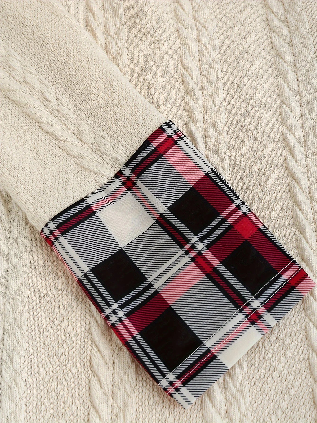 Women's Plaid Knitted Hooded A-Line Dress with Faux Buckle, High-Waist Long Sleeves