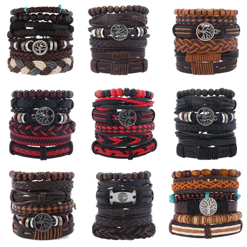 6-Pack Adjustable Leather Wrap Bracelets – Punk Beaded Tree Design, Unisex (17–24 cm / 6.7–9.4 in)