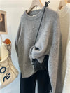 Vintage Grey V-Neck Knit Pullover Sweater for Women – Casual Loose Fit, Autumn/Winter