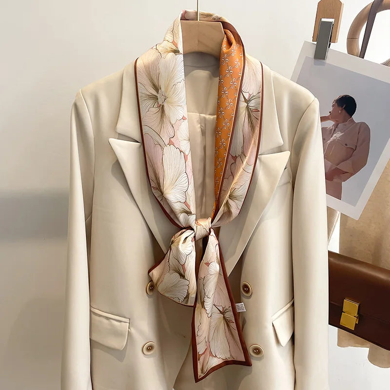 Women's Silk-Feel Printed Long Narrow Scarf 12 x 148 cm (4.7 x 58.3 in) - 50+ Colors | Headband & Shawl