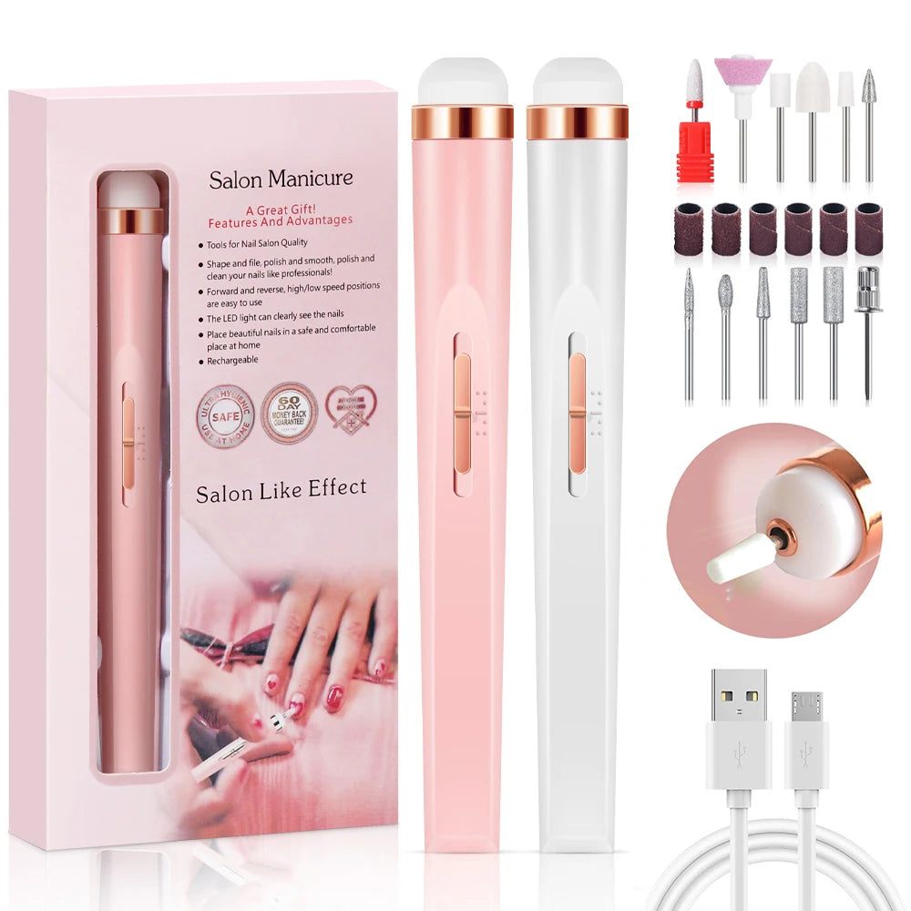 Portable USB Rechargeable Electric Nail Drill Kit – LED Light, 4-Speed Adjustable Manicure Set with Multiple Attachments