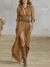 Women's French Retro V-Neck Belted Pleated Ankle-Length Dress – Long Sleeve Single-Breasted Bohemian