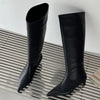 Eilyken Women's Knee-High Pointed Toe Slip-On Boots, Low Thin Heel PU Cowboy Style