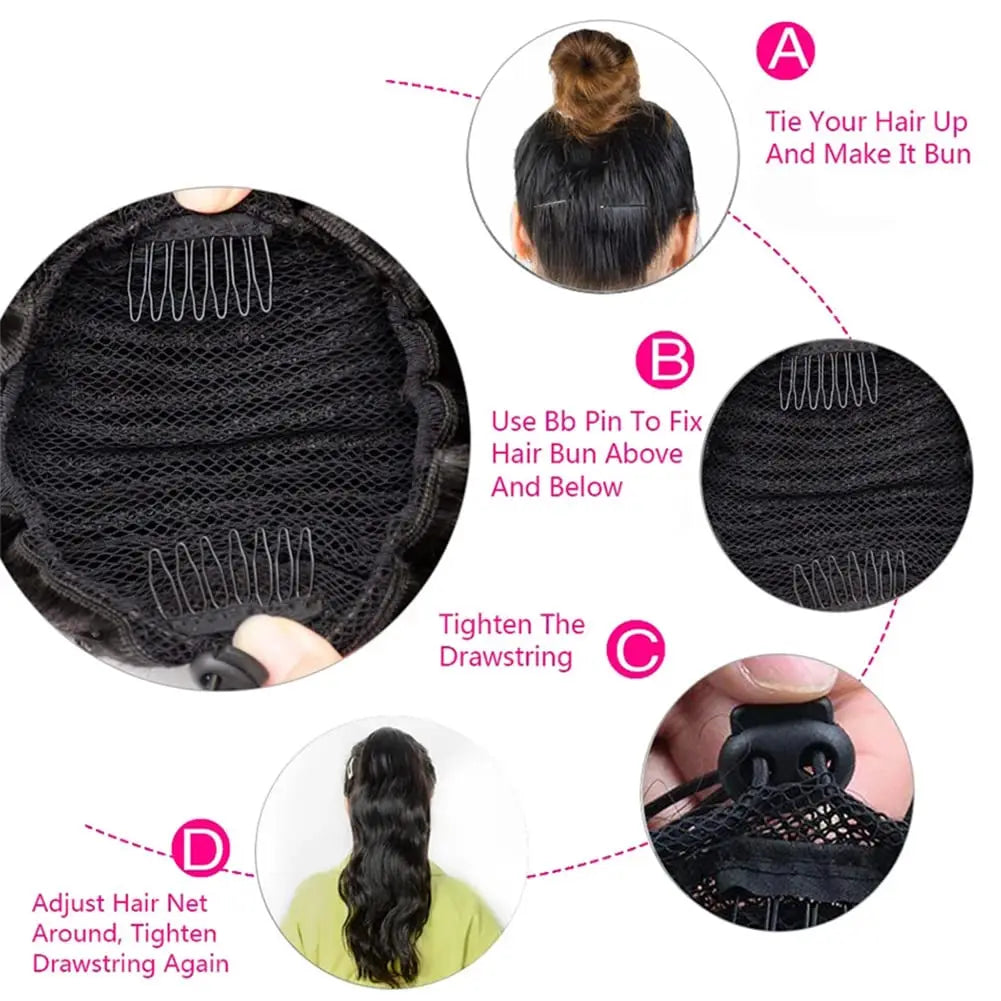 Body Wave Drawstring Ponytail Clip-In 100% Brazilian Remy Human Hair, Natural Color