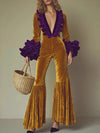 Vintage Velvet Ruffle Jumpsuit for Women - Long Sleeve Slim Fit with Flared Pants, Autumn Winter Streetwear