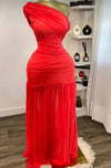 Elegant One-Shoulder Mesh Slit Maxi Dress for Women Asymmetric Neck Evening Party Dress