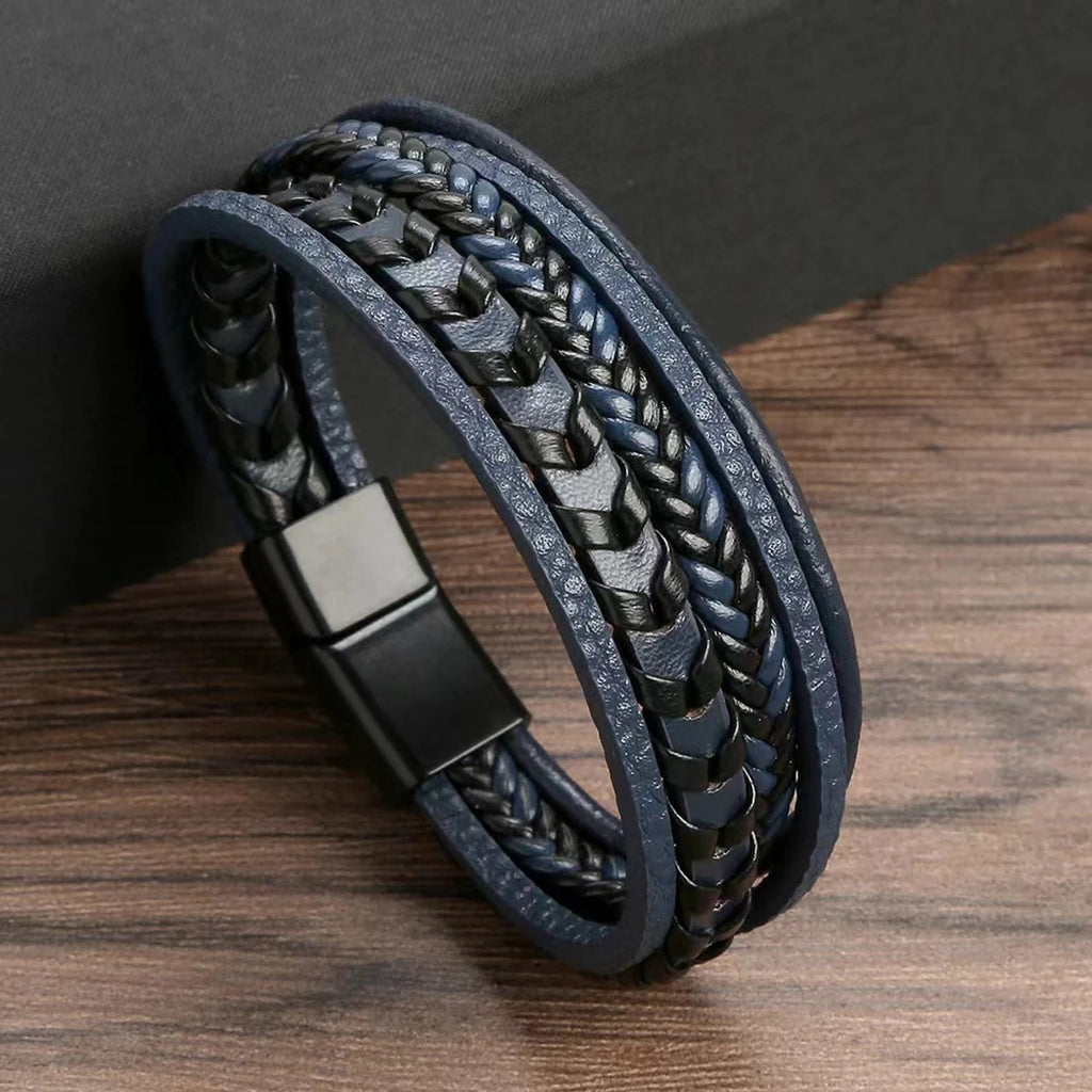 Men's Multi-Layer Leather Braided Bracelet with Alloy Magnetic Clasp - Vintage Wrap Bracelet 8.26 in (21 cm)