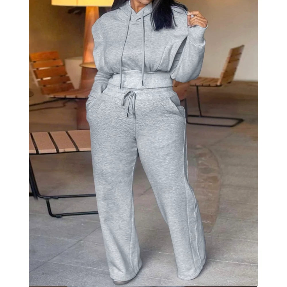 Women's Two-Piece Tied-Detail Hooded Long-Sleeve Sweatshirt & Wide-Leg Sweatpants Set - Casual Autumn/Winter Loungewear