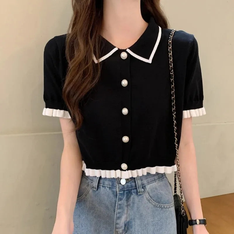 Korean Knit Turn-Down Collar Crop Blouse - Short Sleeve Slim Summer Top for Women