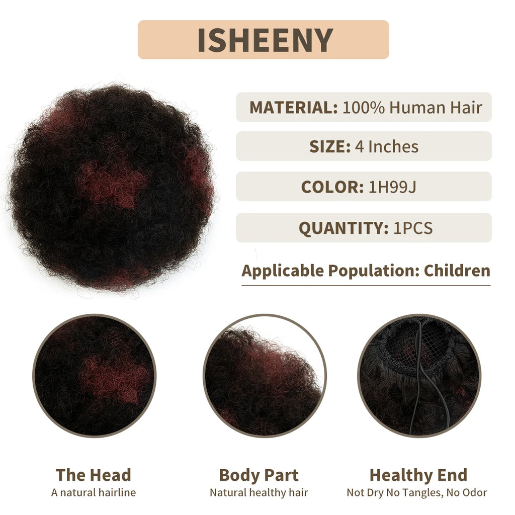 Kinky Curly Remy Human Hair Ponytail Afro Puff Drawstring Clip-In High Bun Updo Extension for Black Women