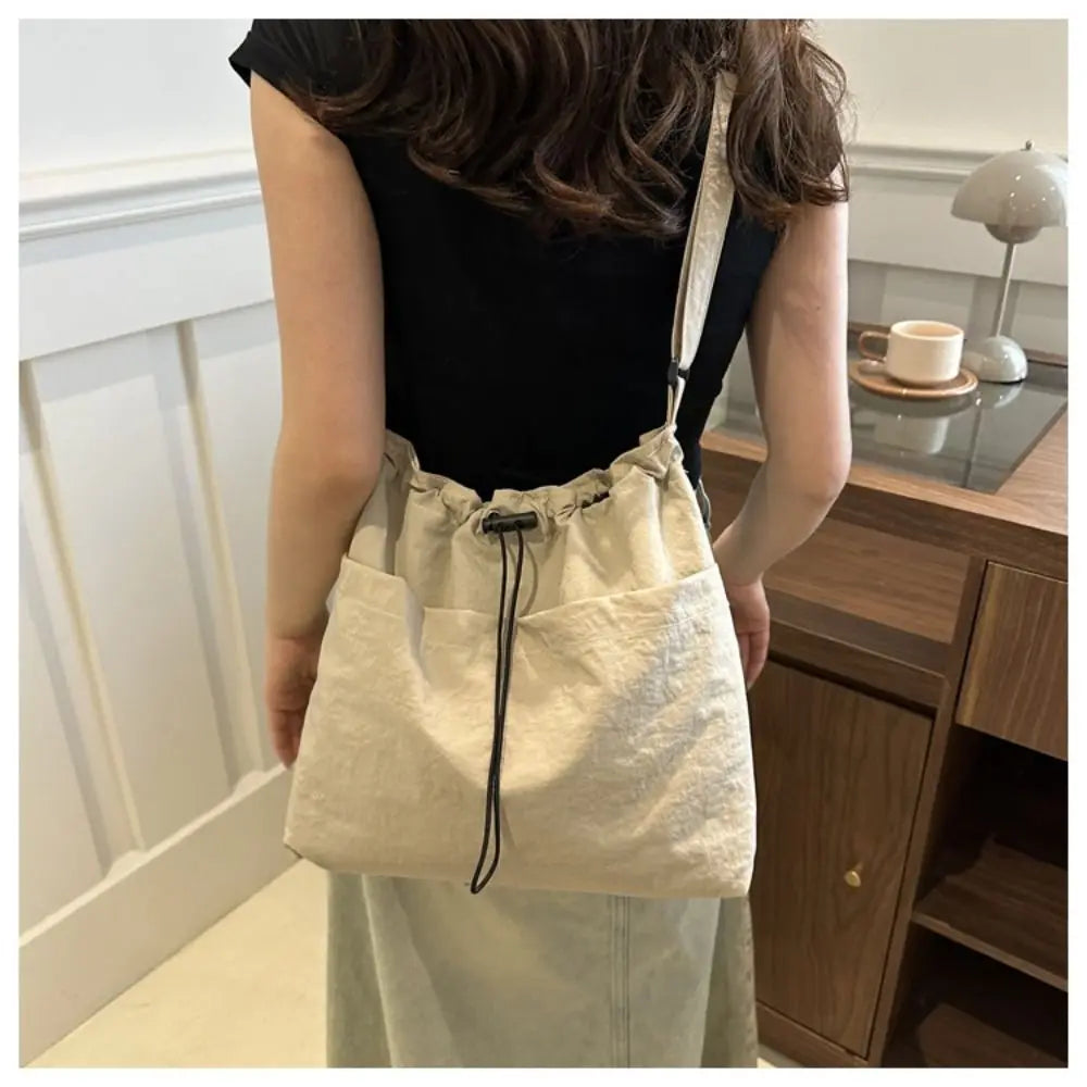 Women's Waterproof Nylon Drawstring Tote Bag – Large Bucket Crossbody Shoulder Bag 38×31×9 cm (14.96×12.20×3.54 in)