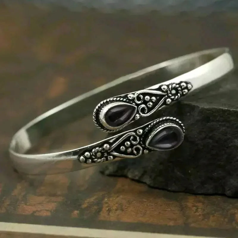 Vintage Ethnic Carved Floral Zirconia Inlaid Adjustable Open Cuff Bracelet - Unisex Party Jewelry