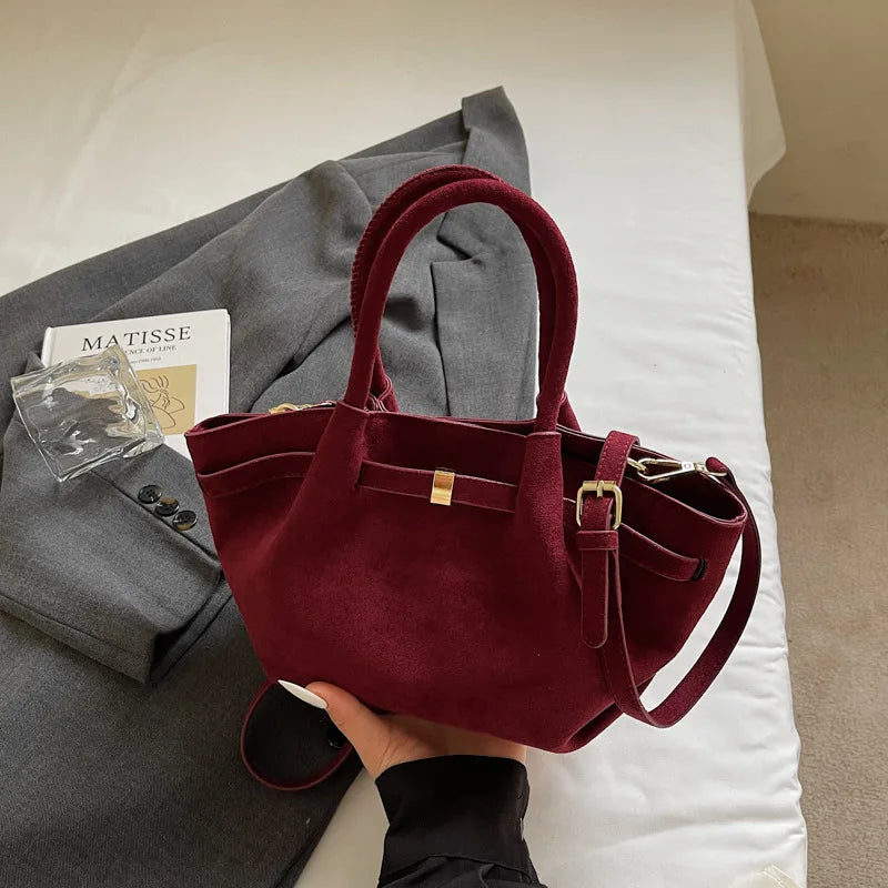 Matte PU Suede Tote Bag for Women – Large Capacity Retro Shoulder & Crossbody with Belt Detail